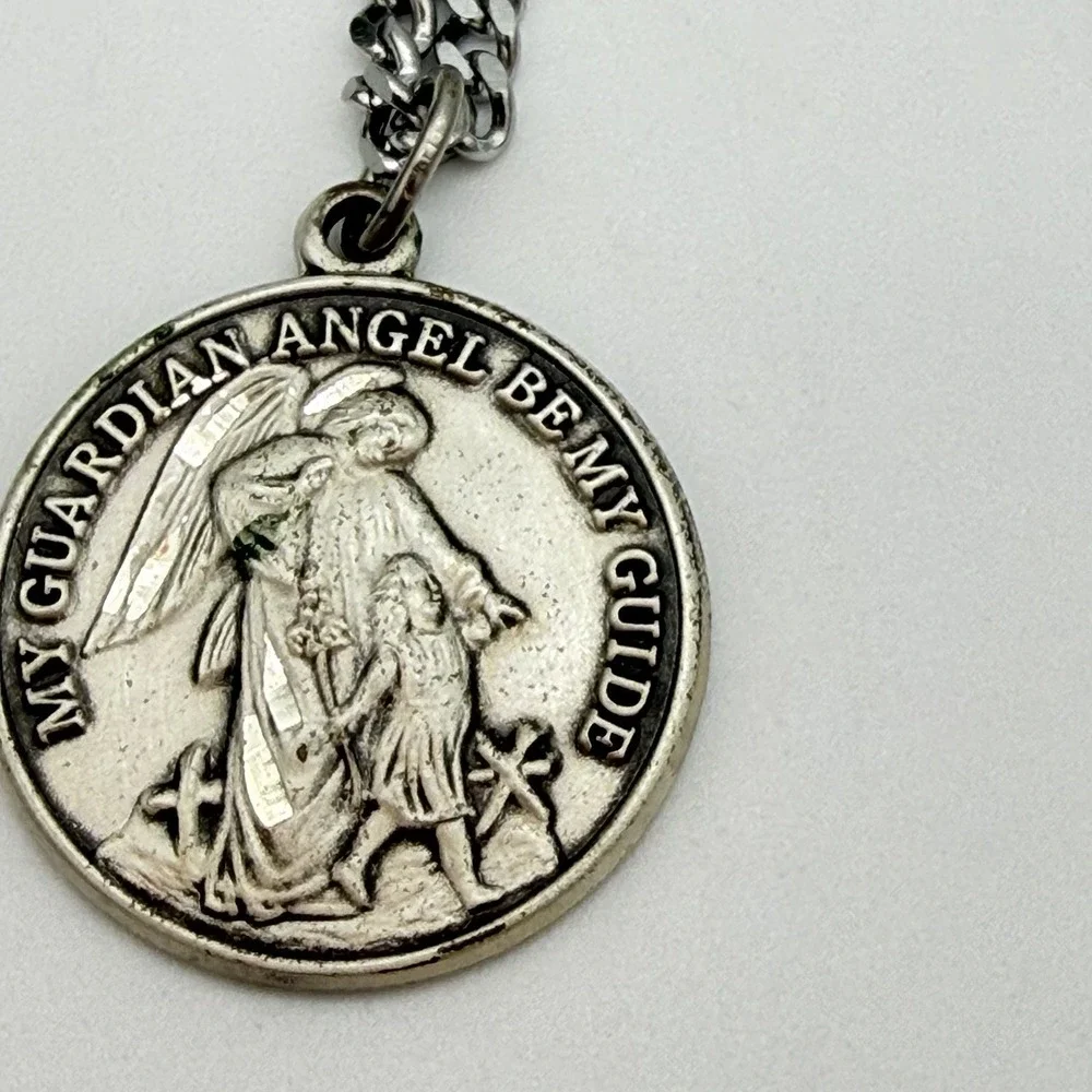 Vintage Creed Sterling Silver Medal Pendant Necklace Guardian Angel Be My Guide